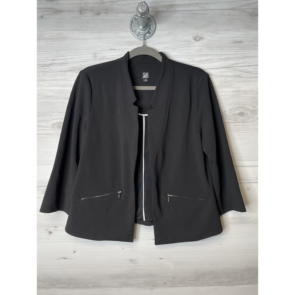 Roz & Ali Blazer Womens Medium Black Zip Pocket Open‎ Front 3/4 Sleeve Jacket